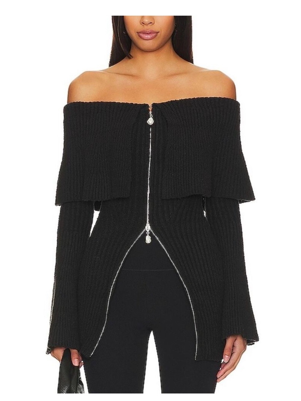 House of Harlow Off-Shoulder Black Ribbed Zip-Front Women's Sweater